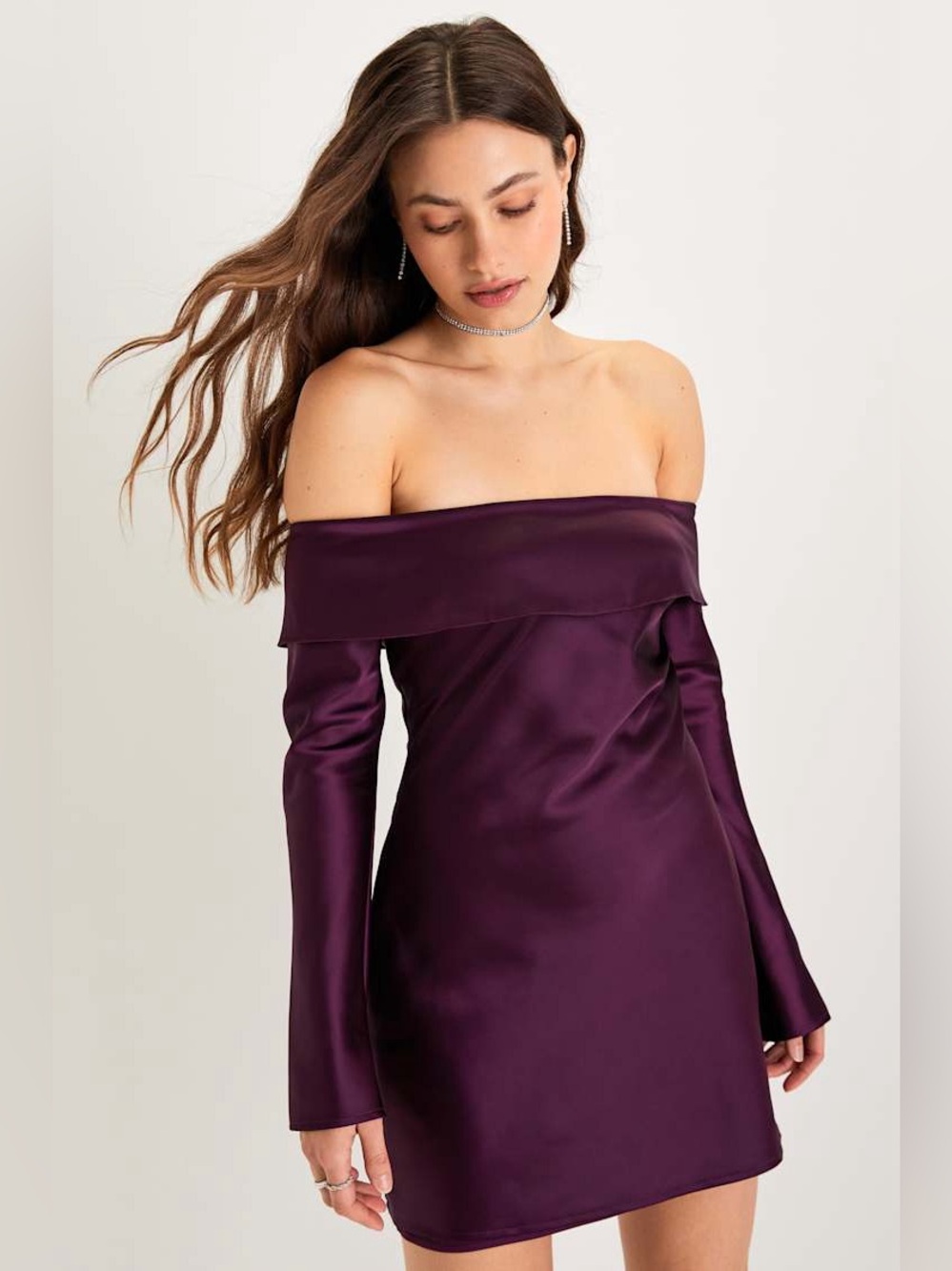 Lulus Luxurious Vision Plum Purple Satin Off-the-Shoulder Mini Dress XL